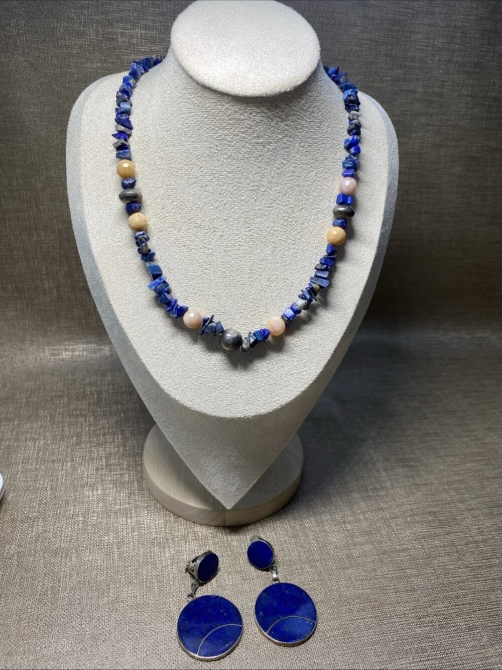 Vintage Chile 925 Lapis Lazuli Inlay Earrings & Necklace Set Sterling Silver Ar
